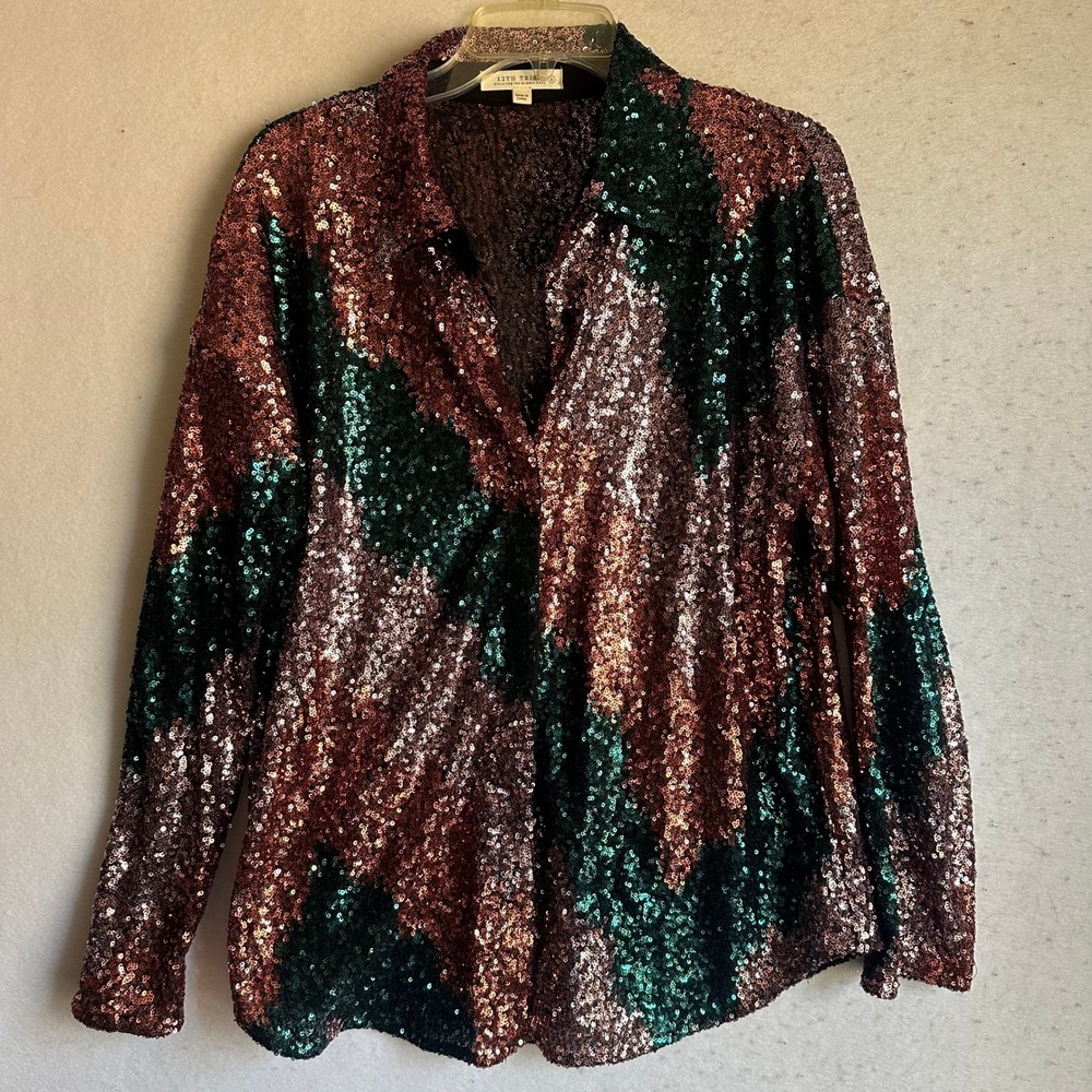 12th Tribe Sequin Button Down Shirt Rose Gold Green Copper Chevron Long Sleeve S